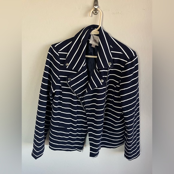 Roz & Ali Women’s Navy White Stripe Moto Blazer Size L - Picture 2 of 5